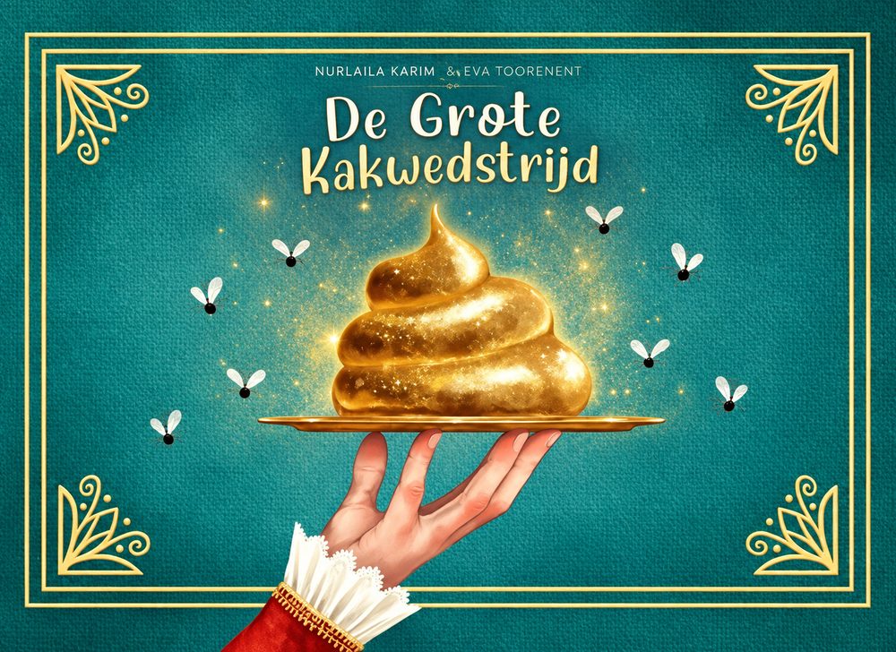 Voorkant van De Grote Kakwedstrijd: een gouden drol op een dienblad, door Nurlaila Karim en Eva Toorenent