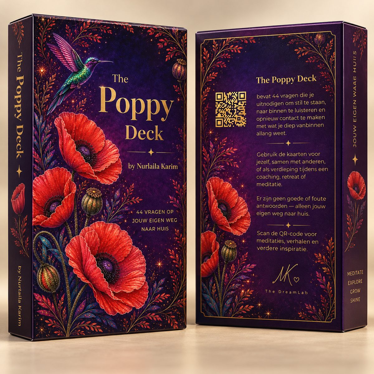 De doos van The Poppy Deck, paars met rode klaprozen en een kolibrie